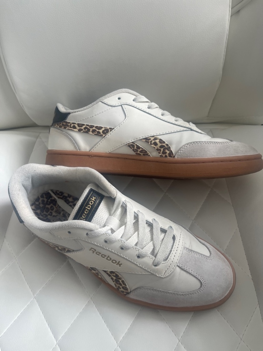 Reebok White Sneakers with Leopard Accent & Gum Sole